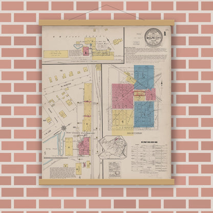 Old map wall art mockup — magnetic wood frame on brick wall — Sanborn Fire Insurance Map from Wolfe City, Hunt County, Texas (1922) - Complete Map Set
