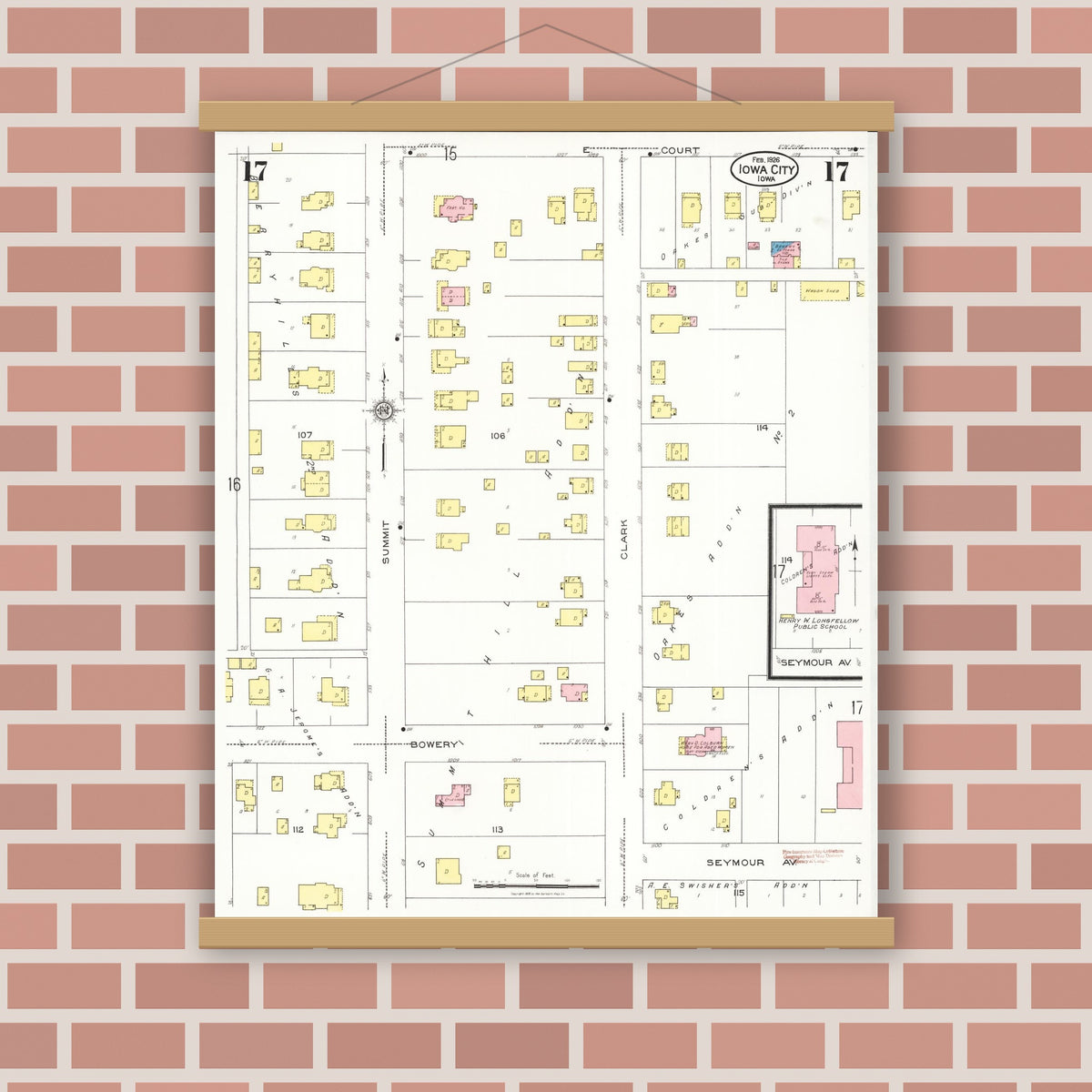 Old map wall art mockup — magnetic wood frame on brick wall — Sanborn Fire Insurance Map from Iowa City, Johnson County, Iowa (1926), Sheet #0017