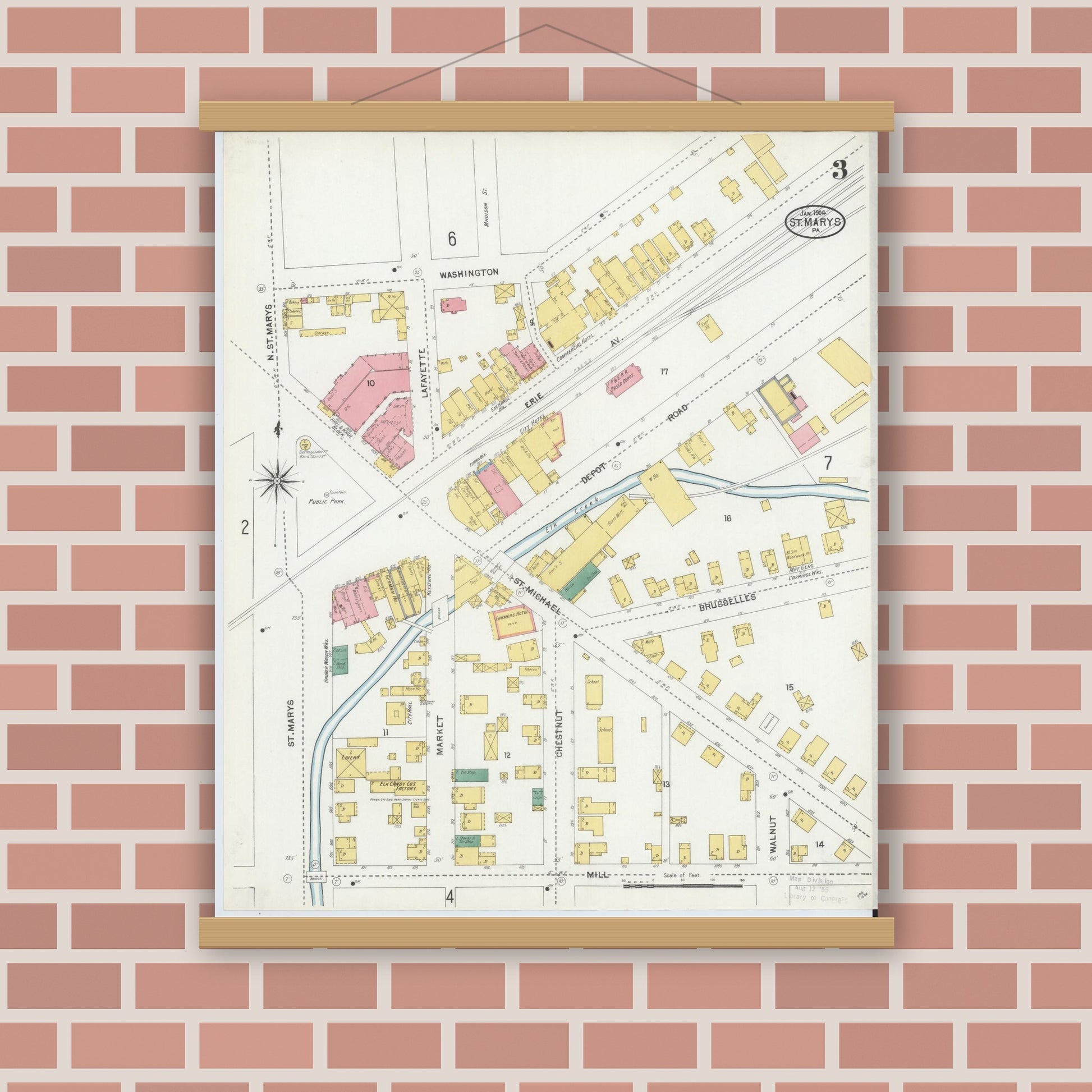 Old map wall art mockup — magnetic wood frame on brick wall — Sanborn Fire Insurance Map from Saint Marys, Elk County, Pennsylvania (1904), Sheet #0003
