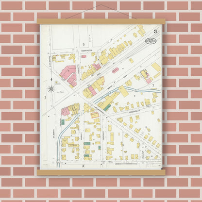 Old map wall art mockup — magnetic wood frame on brick wall — Sanborn Fire Insurance Map from Saint Marys, Elk County, Pennsylvania (1904), Sheet #0003