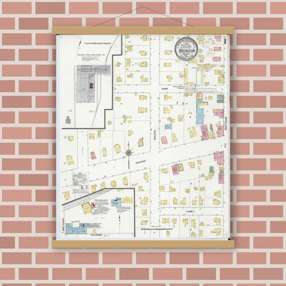 Old map wall art mockup — magnetic wood frame on brick wall — Sanborn Fire Insurance Map from Bronson, Branch County, Michigan (1916), Sheet #0001