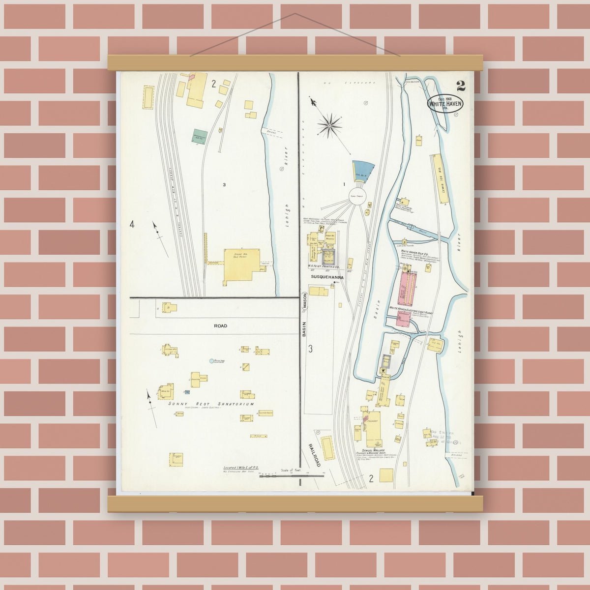 Old map wall art mockup — magnetic wood frame on brick wall — Sanborn Fire Insurance Map from White Haven, Luzerne County, Pennsylvania (1908), Sheet #0002