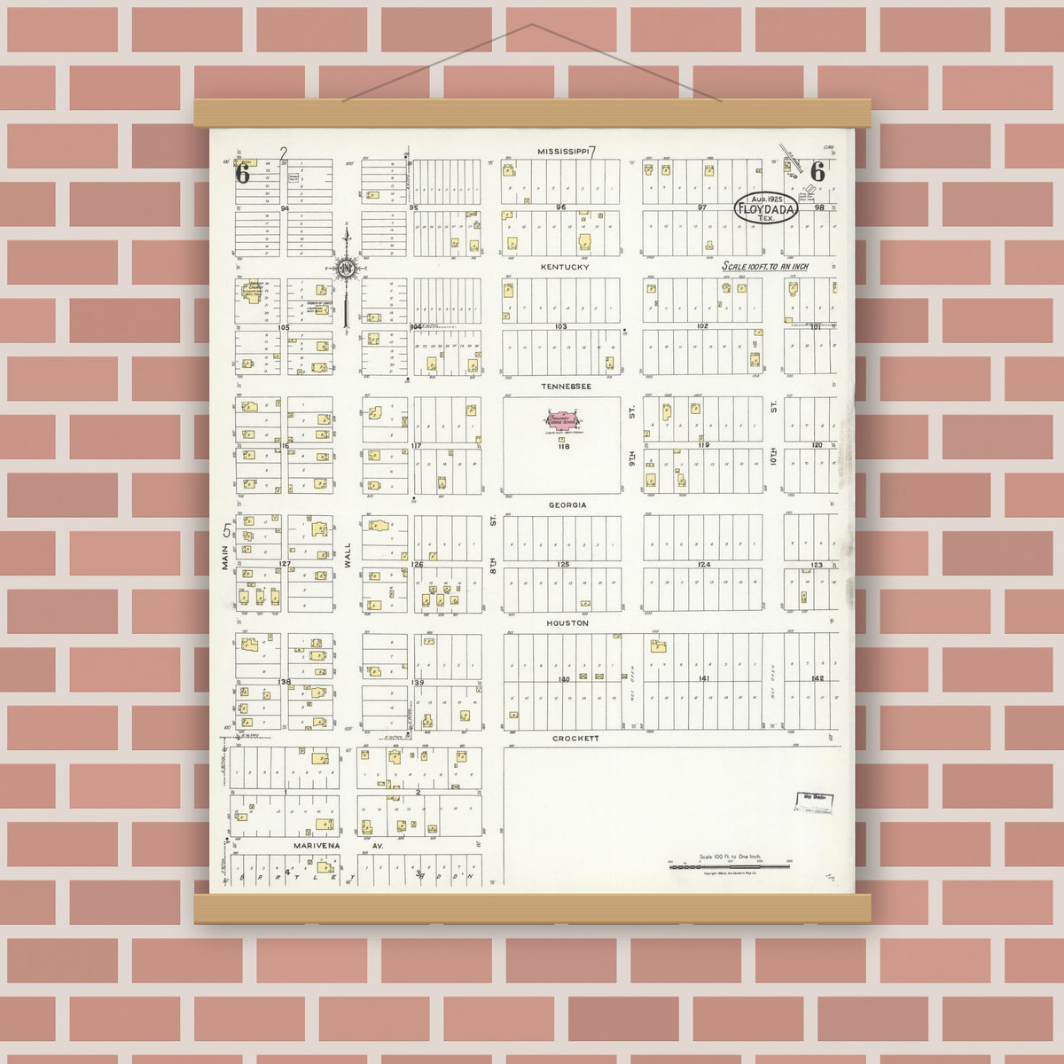 Old map wall art mockup — magnetic wood frame on brick wall — Sanborn Fire Insurance Map from Floydada, Floyd County, Texas (1925), Sheet #0006