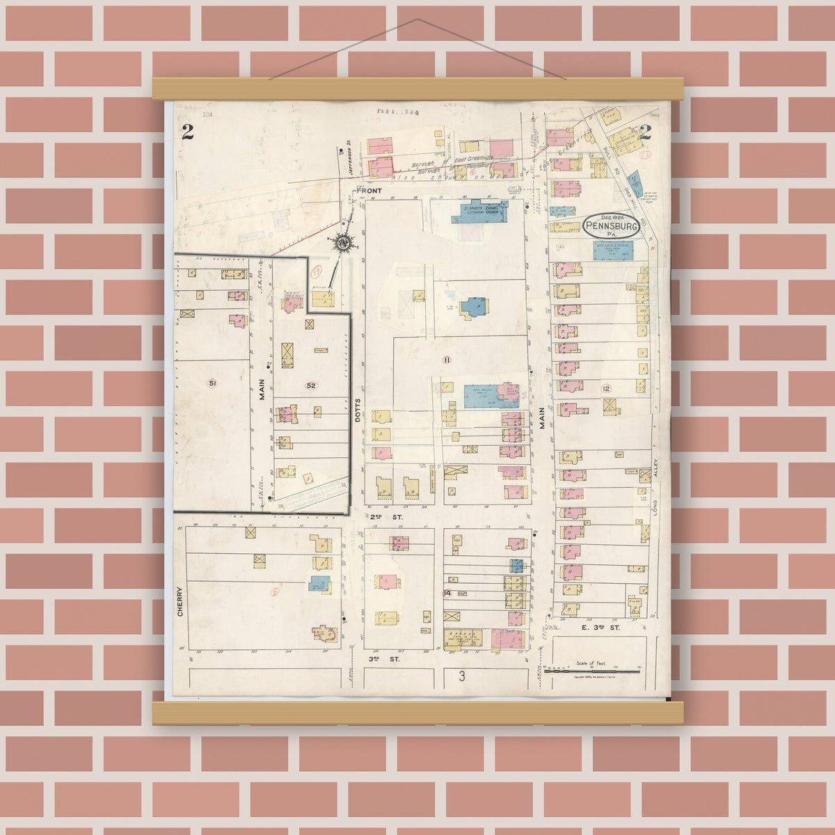 Old map wall art mockup — magnetic wood frame on brick wall — Sanborn Fire Insurance Map from Pennsburg, Montgomery County, Pennsylvania (1933), Sheet #0002