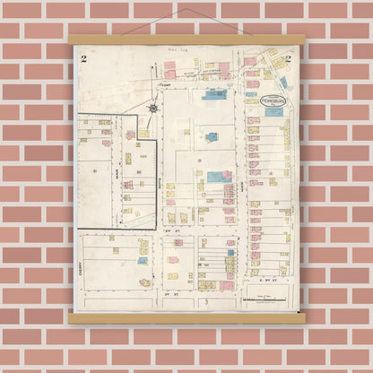 Old map wall art mockup — magnetic wood frame on brick wall — Sanborn Fire Insurance Map from Pennsburg, Montgomery County, Pennsylvania (1933), Sheet #0002