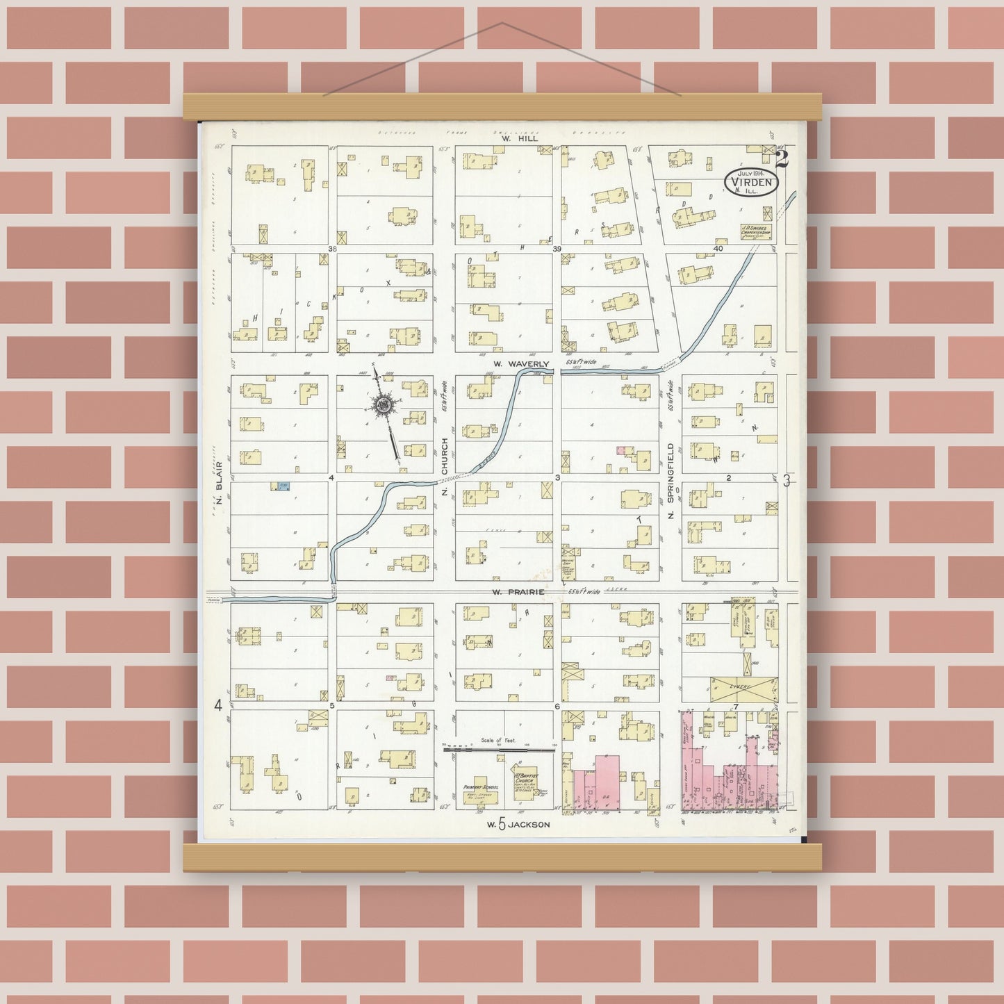 Old map wall art mockup — magnetic wood frame on brick wall — Sanborn Fire Insurance Map from Virden, Macoupin County, Illinois (1914), Sheet #0002