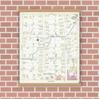 Old map wall art mockup — magnetic wood frame on brick wall — Sanborn Fire Insurance Map from Virden, Macoupin County, Illinois (1914), Sheet #0002