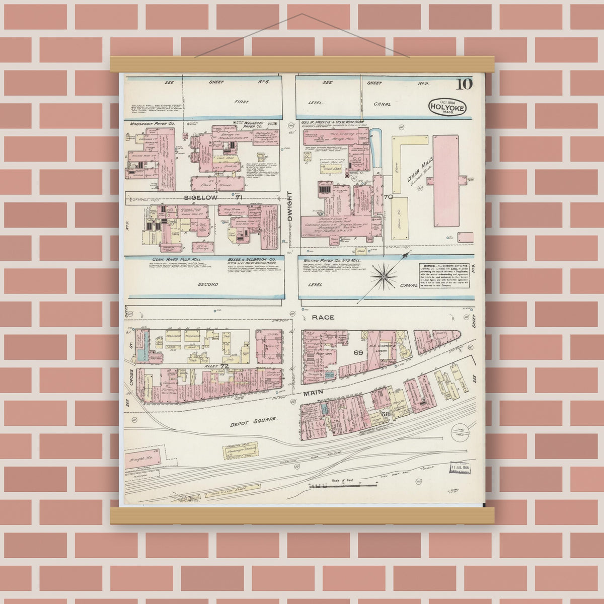 Old map wall art mockup — magnetic wood frame on brick wall — Sanborn Fire Insurance Map from Holyoke, Hampden County, Massachusetts (1884), Sheet #0010