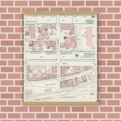 Old map wall art mockup — magnetic wood frame on brick wall — Sanborn Fire Insurance Map from Holyoke, Hampden County, Massachusetts (1884), Sheet #0010
