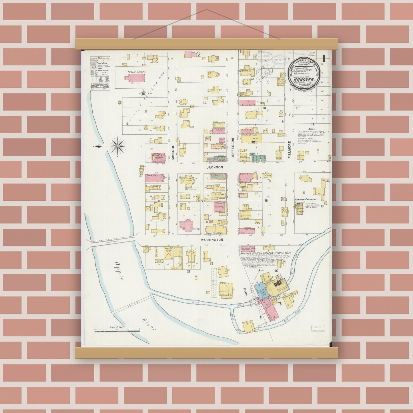 Old map wall art mockup — magnetic wood frame on brick wall — Sanborn Fire Insurance Map from Hanover, Jo Daviess County, Illinois (1898), Sheet #0001