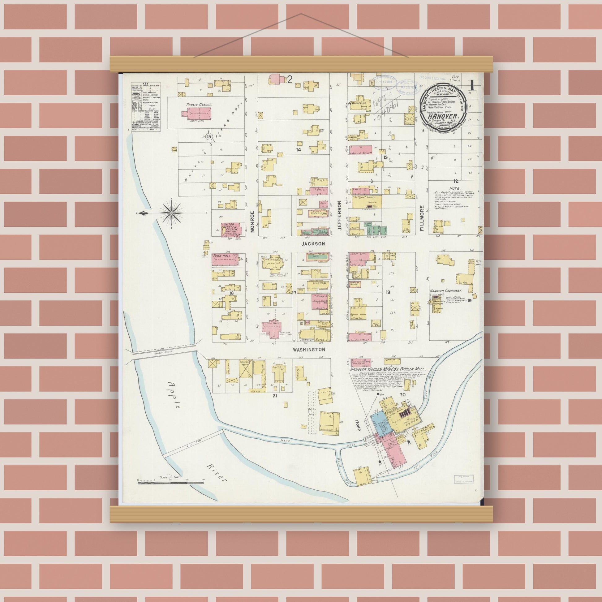 Old map wall art mockup — magnetic wood frame on brick wall — Sanborn Fire Insurance Map from Hanover, Jo Daviess County, Illinois (1898), Sheet #0001