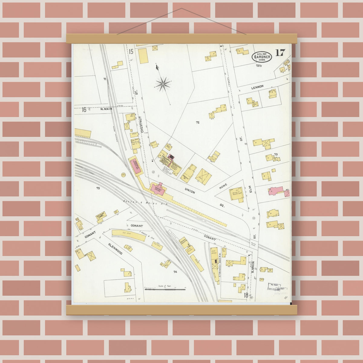 Old map wall art mockup — magnetic wood frame on brick wall — Sanborn Fire Insurance Map from Gardner, Worcester County, Massachusetts (1905), Sheet #0017