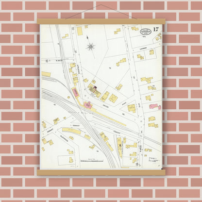 Old map wall art mockup — magnetic wood frame on brick wall — Sanborn Fire Insurance Map from Gardner, Worcester County, Massachusetts (1905), Sheet #0017