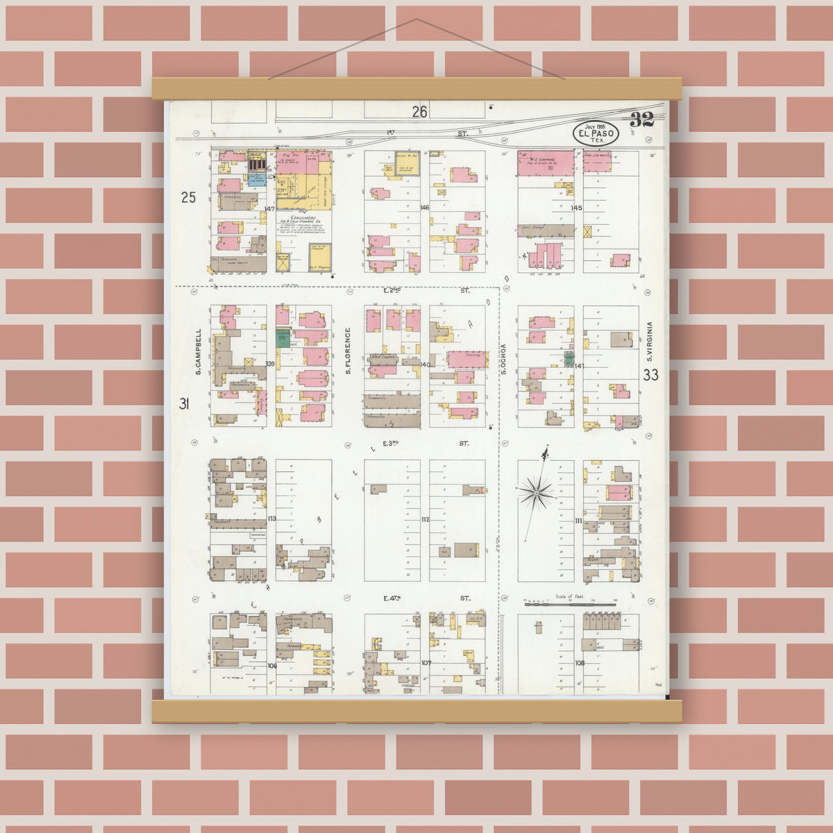 Old map wall art mockup — magnetic wood frame on brick wall — Sanborn Fire Insurance Map from El Paso, El Paso County, Texas (1905), Sheet #0032