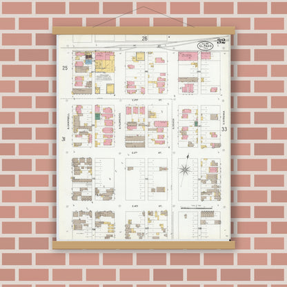 Old map wall art mockup — magnetic wood frame on brick wall — Sanborn Fire Insurance Map from El Paso, El Paso County, Texas (1905), Sheet #0032