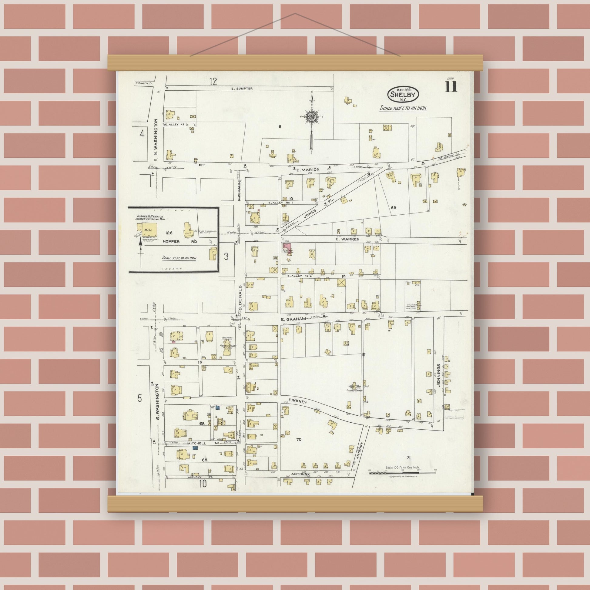 Old map wall art mockup — magnetic wood frame on brick wall — Sanborn Fire Insurance Map from Shelby, Cleveland County, North Carolina (1921), Sheet #0011