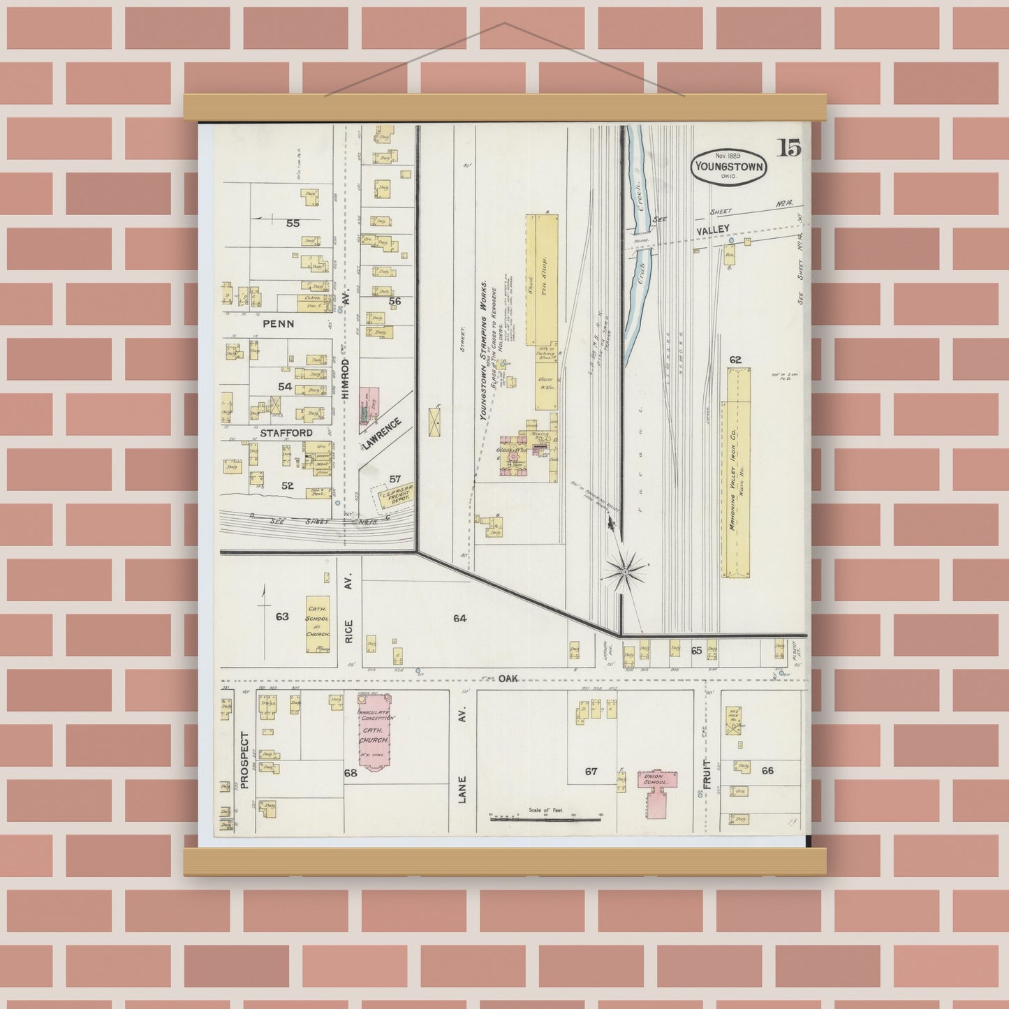 Old map wall art mockup — magnetic wood frame on brick wall — Sanborn Fire Insurance Map from Youngstown, Mahoning County, Ohio (1889), Sheet #0015