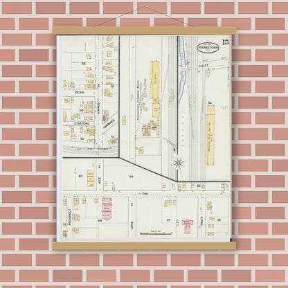Old map wall art mockup — magnetic wood frame on brick wall — Sanborn Fire Insurance Map from Youngstown, Mahoning County, Ohio (1889), Sheet #0015