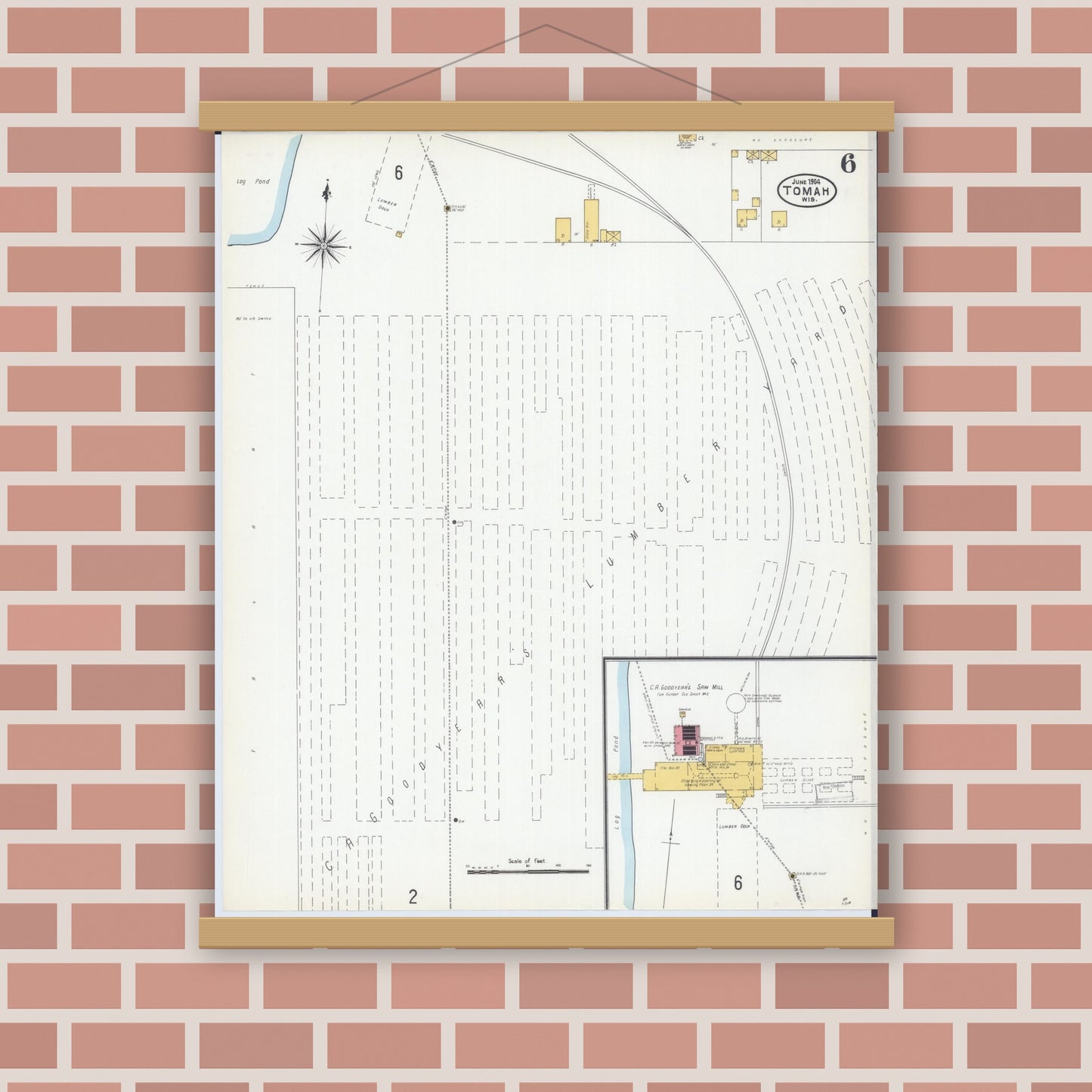 Old map wall art mockup — magnetic wood frame on brick wall — Sanborn Fire Insurance Map from Tomah, Monroe County, Wisconsin (1904), Sheet #0006