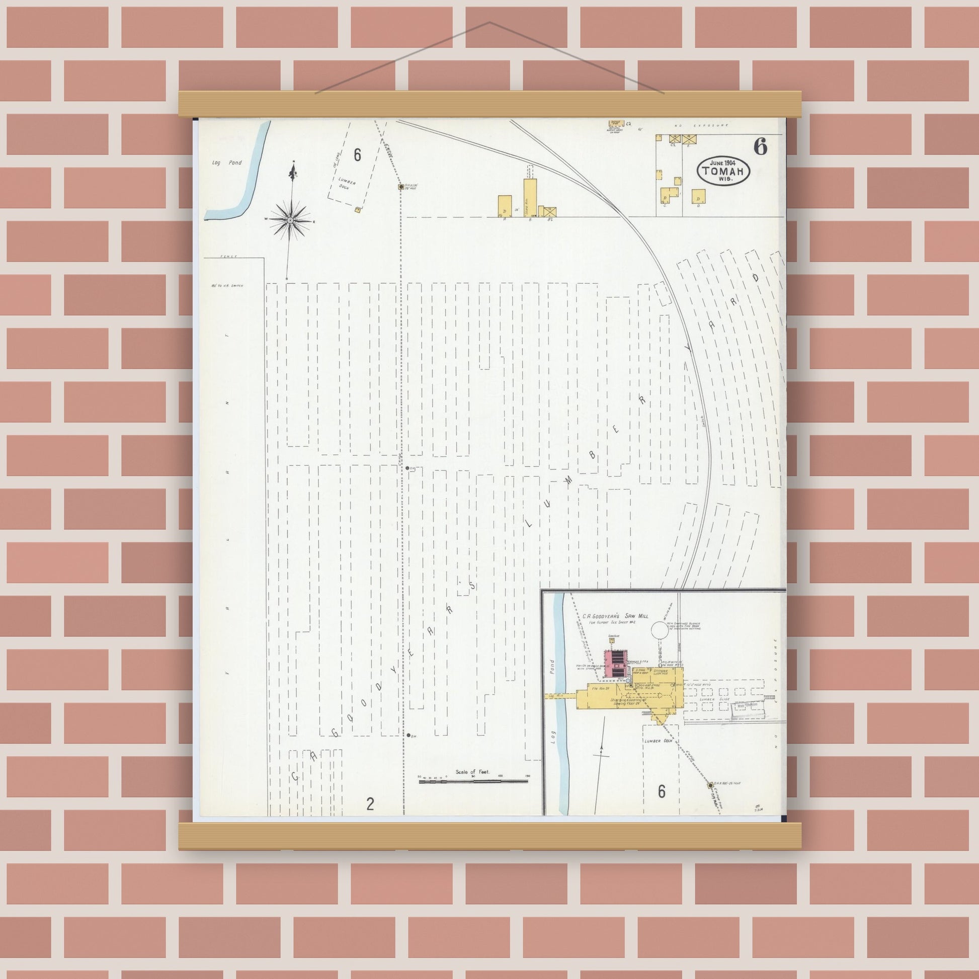 Old map wall art mockup — magnetic wood frame on brick wall — Sanborn Fire Insurance Map from Tomah, Monroe County, Wisconsin (1904), Sheet #0006