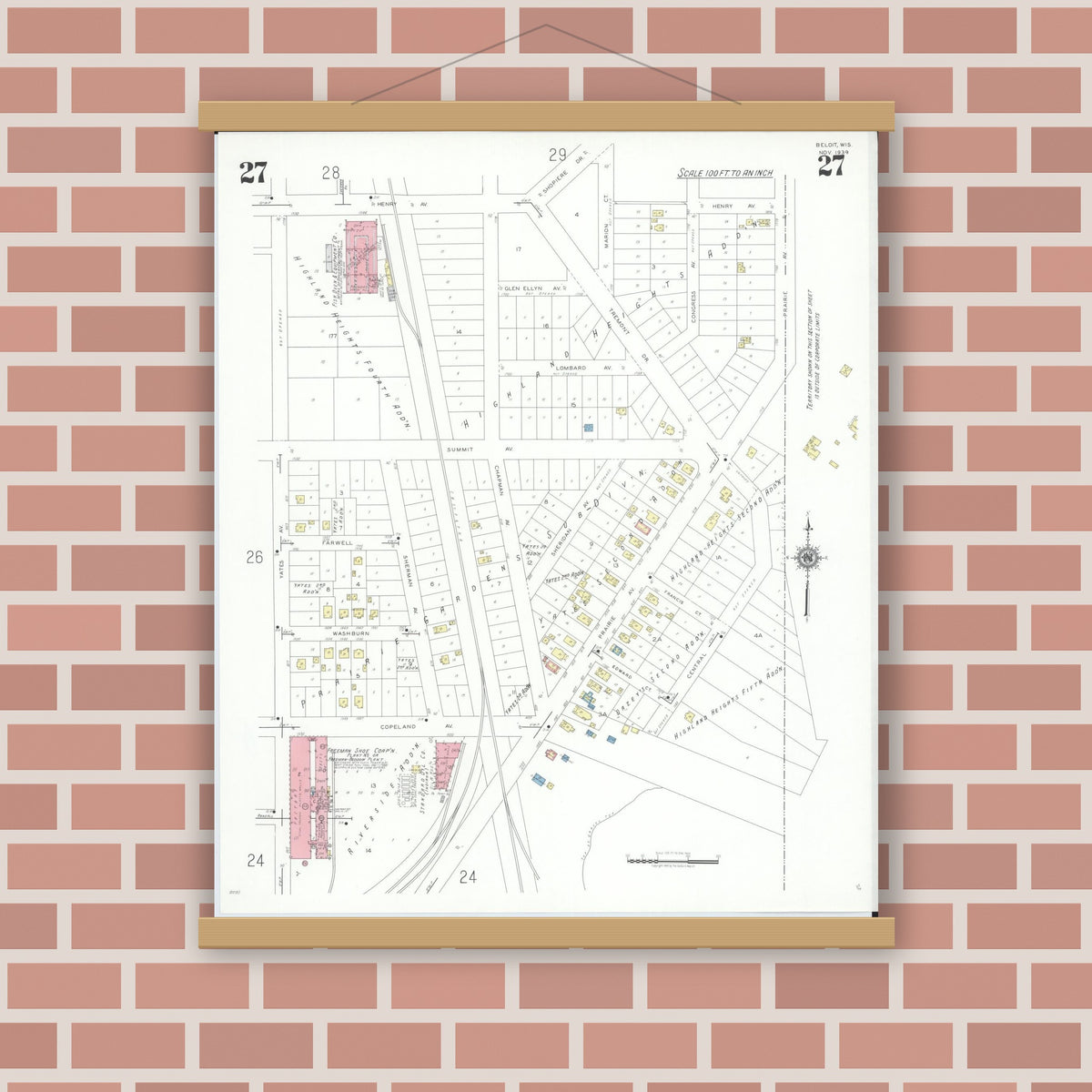 Old map wall art mockup — magnetic wood frame on brick wall — Sanborn Fire Insurance Map from Beloit, Rock County, Wisconsin (1939), Sheet #0027