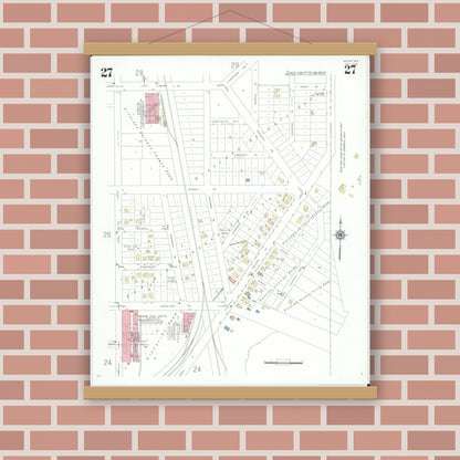 Old map wall art mockup — magnetic wood frame on brick wall — Sanborn Fire Insurance Map from Beloit, Rock County, Wisconsin (1939), Sheet #0027
