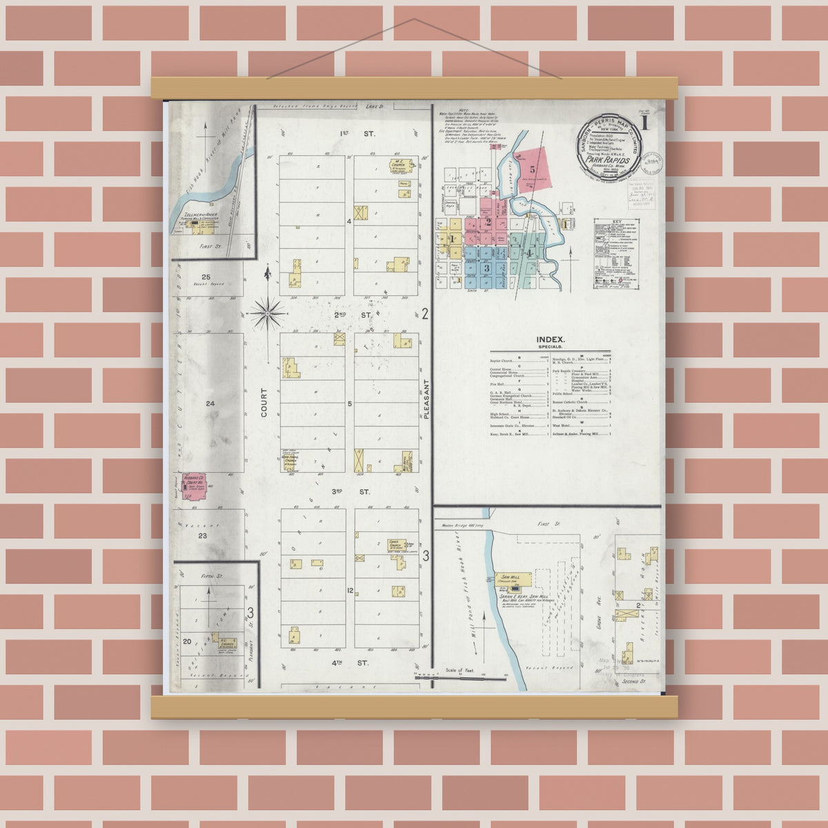 Old map wall art mockup — magnetic wood frame on brick wall — Sanborn Fire Insurance Map from Park Rapids, Hubbard County, Minnesota (1900) - Complete Map Set