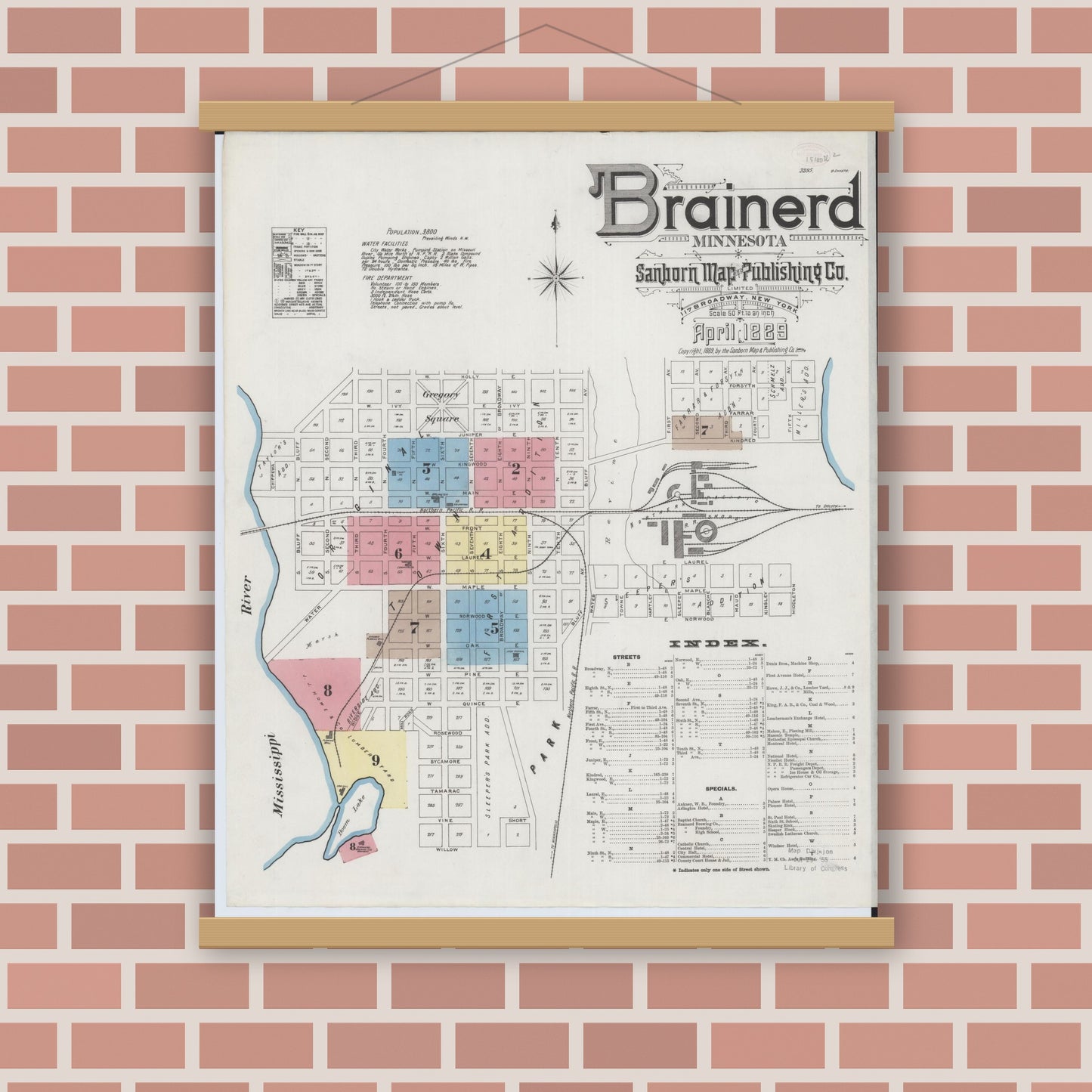 Old map wall art mockup — magnetic wood frame on brick wall — Sanborn Fire Insurance Map from Brainerd, Crow Wing County, Minnesota (1889) - Complete Map Set