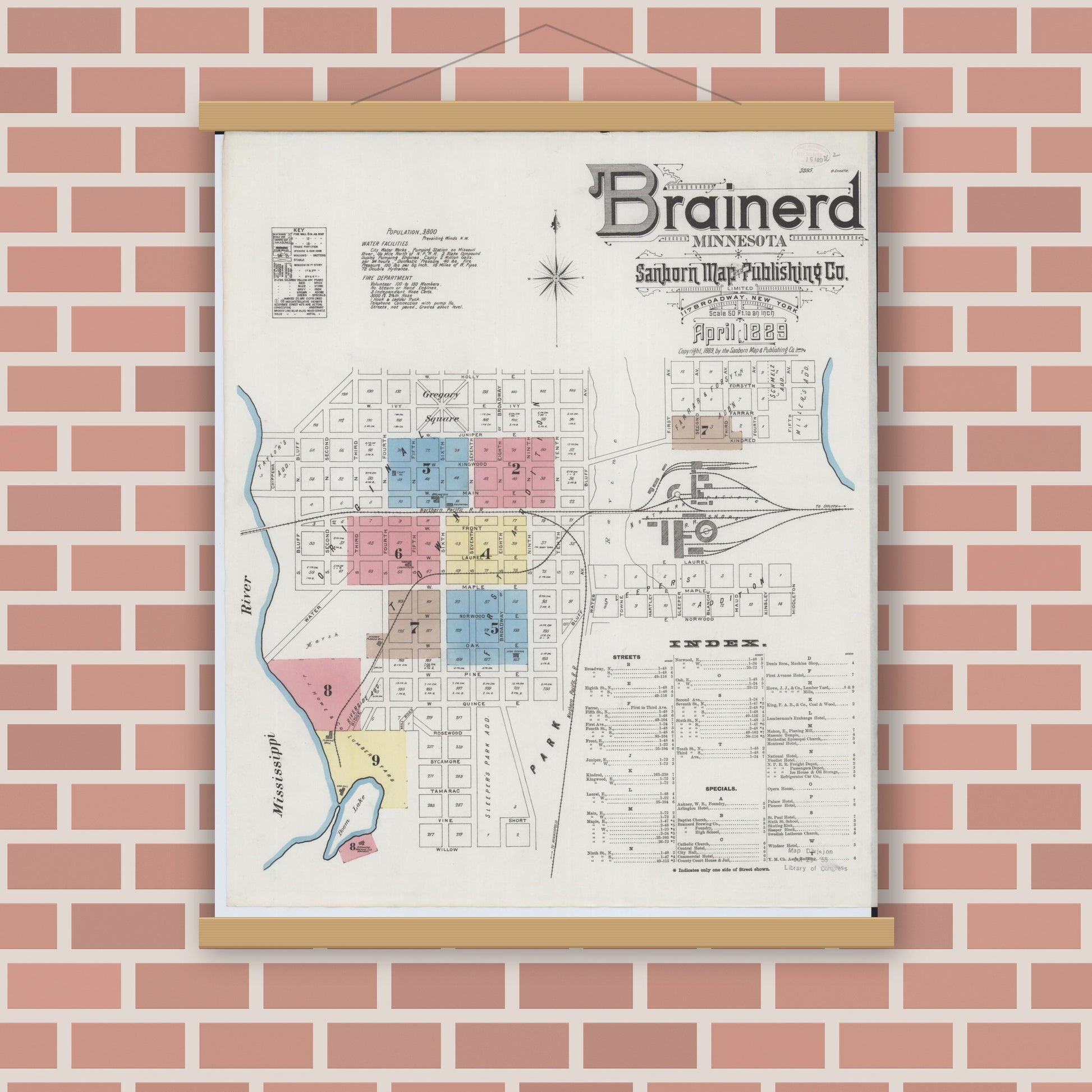 Old map wall art mockup — magnetic wood frame on brick wall — Sanborn Fire Insurance Map from Brainerd, Crow Wing County, Minnesota (1889) - Complete Map Set