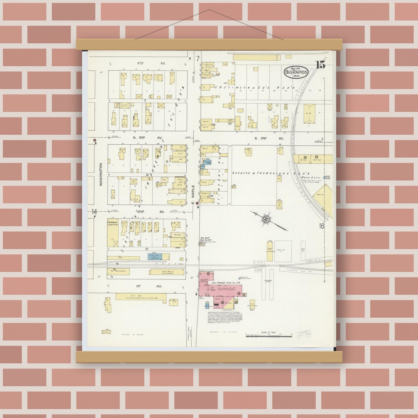 Old map wall art mockup — magnetic wood frame on brick wall — Sanborn Fire Insurance Map from Big Rapids, Mecosta County, Michigan (1914), Sheet #0015