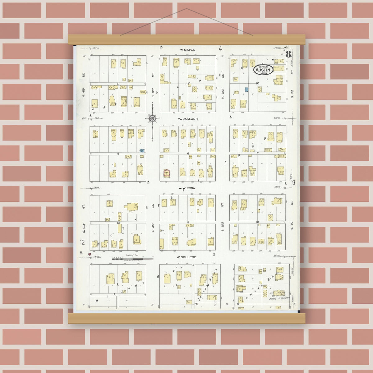 Old map wall art mockup — magnetic wood frame on brick wall — Sanborn Fire Insurance Map from Austin, Mower County, Minnesota (1917), Sheet #0008