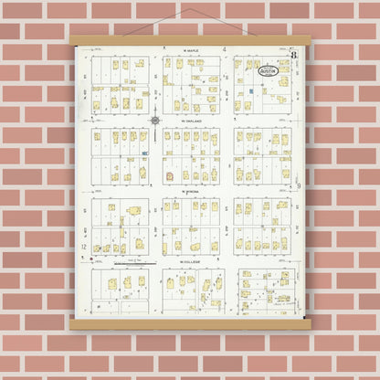 Old map wall art mockup — magnetic wood frame on brick wall — Sanborn Fire Insurance Map from Austin, Mower County, Minnesota (1917), Sheet #0008