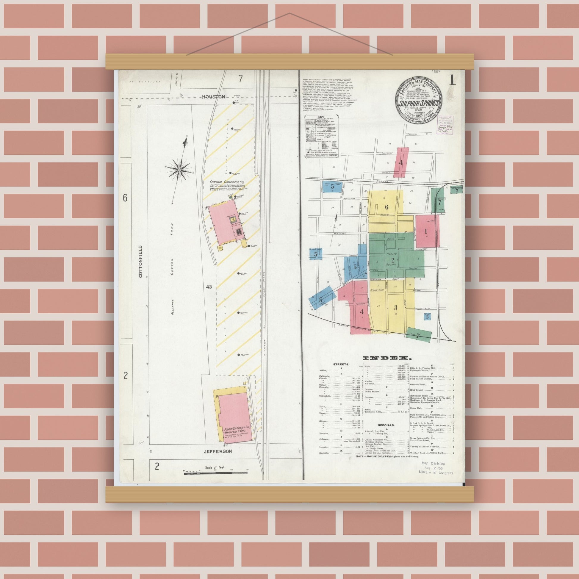 Old map wall art mockup — magnetic wood frame on brick wall — Sanborn Fire Insurance Map from Sulphur Springs, Hopkins County, Texas (1903), Sheet #0001