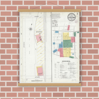 Old map wall art mockup — magnetic wood frame on brick wall — Sanborn Fire Insurance Map from Sulphur Springs, Hopkins County, Texas (1903), Sheet #0001