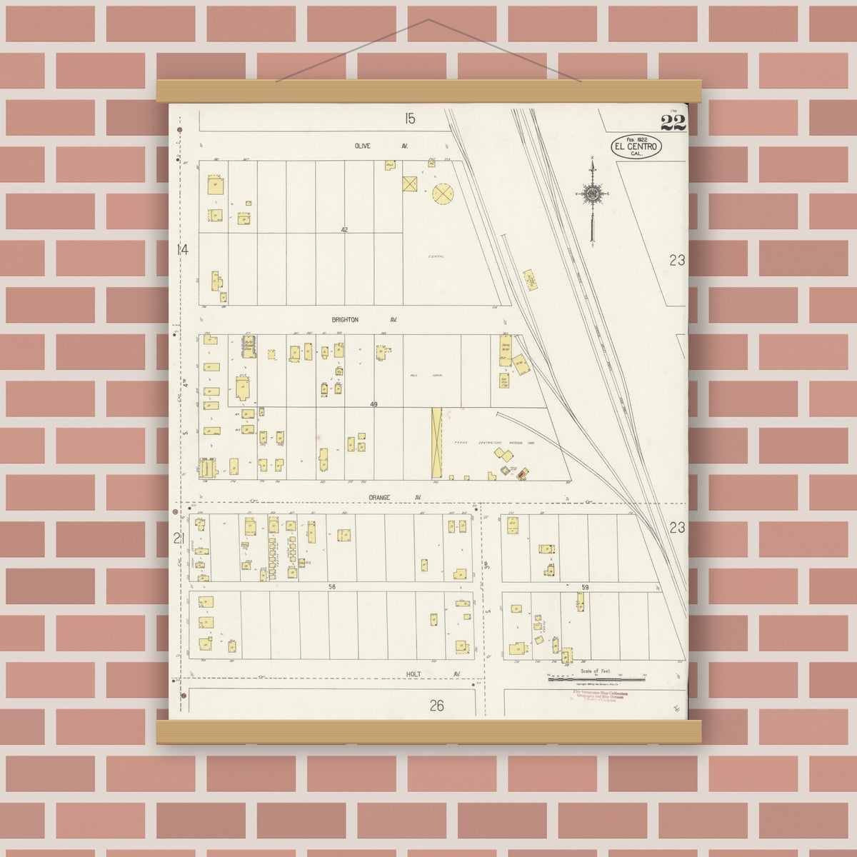 Old map wall art mockup — magnetic wood frame on brick wall — Sanborn Fire Insurance Map from El Centro, Imperial County, California (1922), Sheet #0022