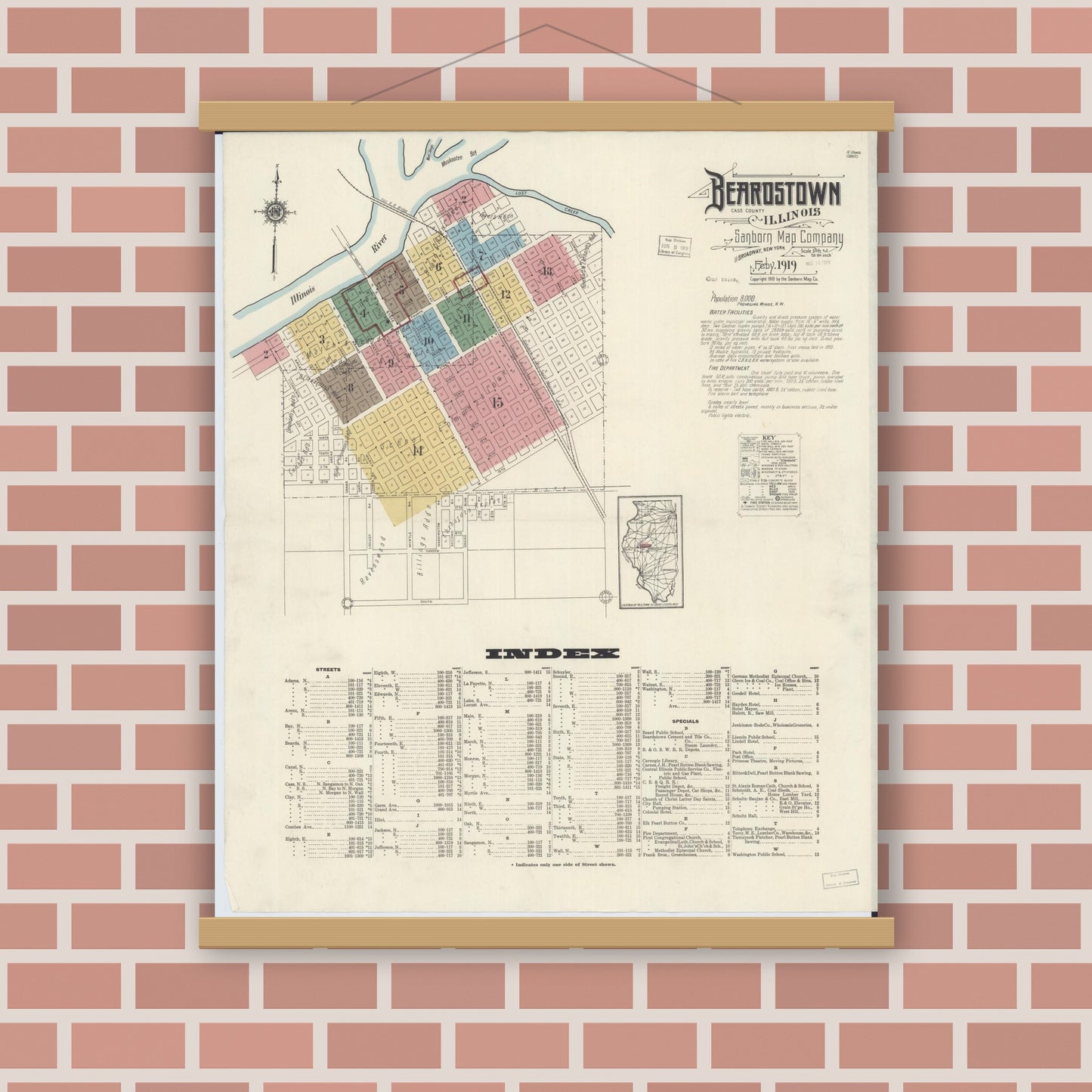 Old map wall art mockup — magnetic wood frame on brick wall — Sanborn Fire Insurance Map from Beardstown, Cass County, Illinois (1919), Sheet #0001