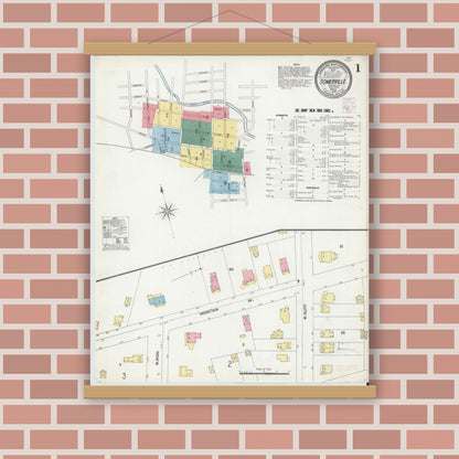 Old map wall art mockup — magnetic wood frame on brick wall — Sanborn Fire Insurance Map from Somerville, Somerset County, New Jersey (1902), Sheet #0001