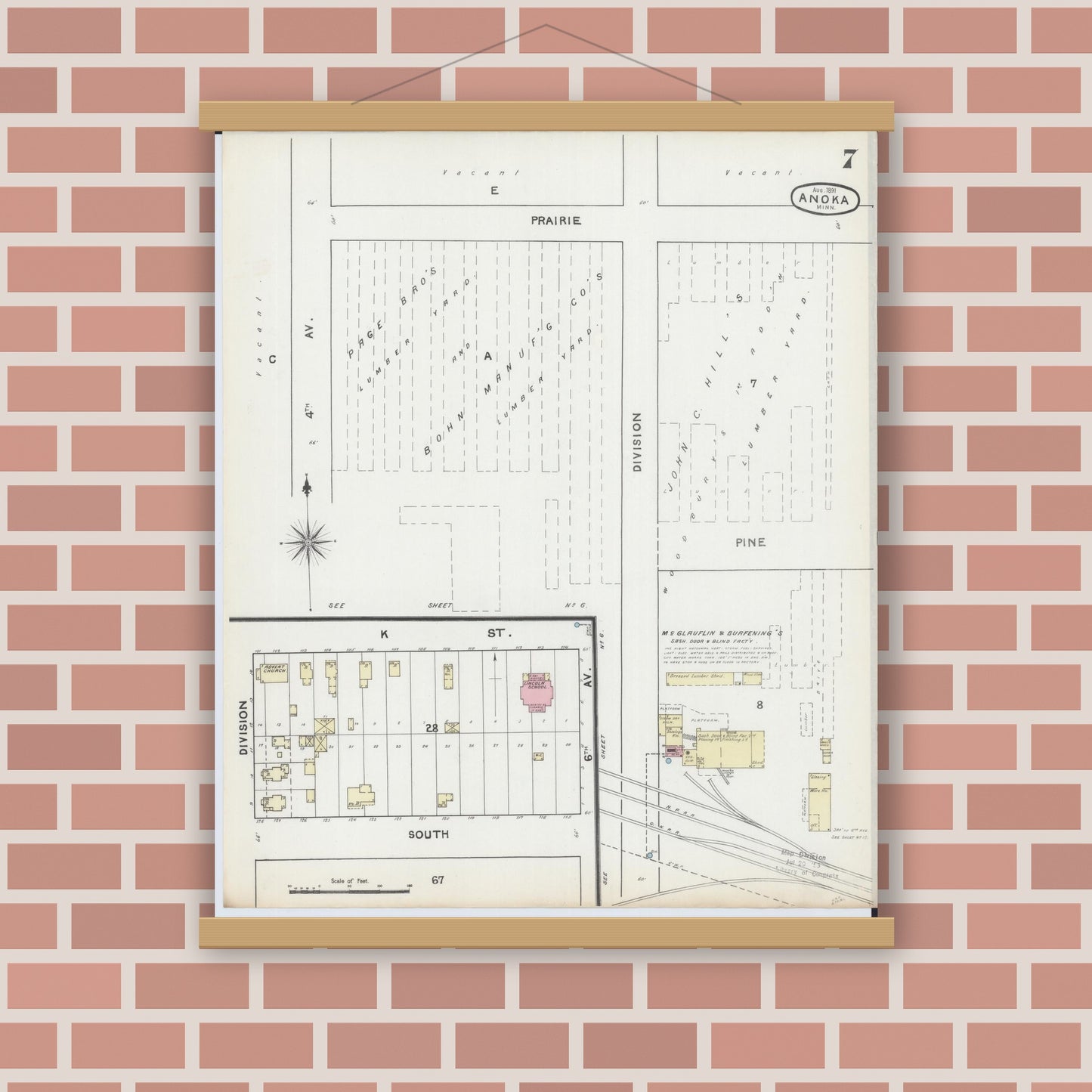 Old map wall art mockup — magnetic wood frame on brick wall — Sanborn Fire Insurance Map from Anoka, Anoka County, Minnesota (1891), Sheet #0007