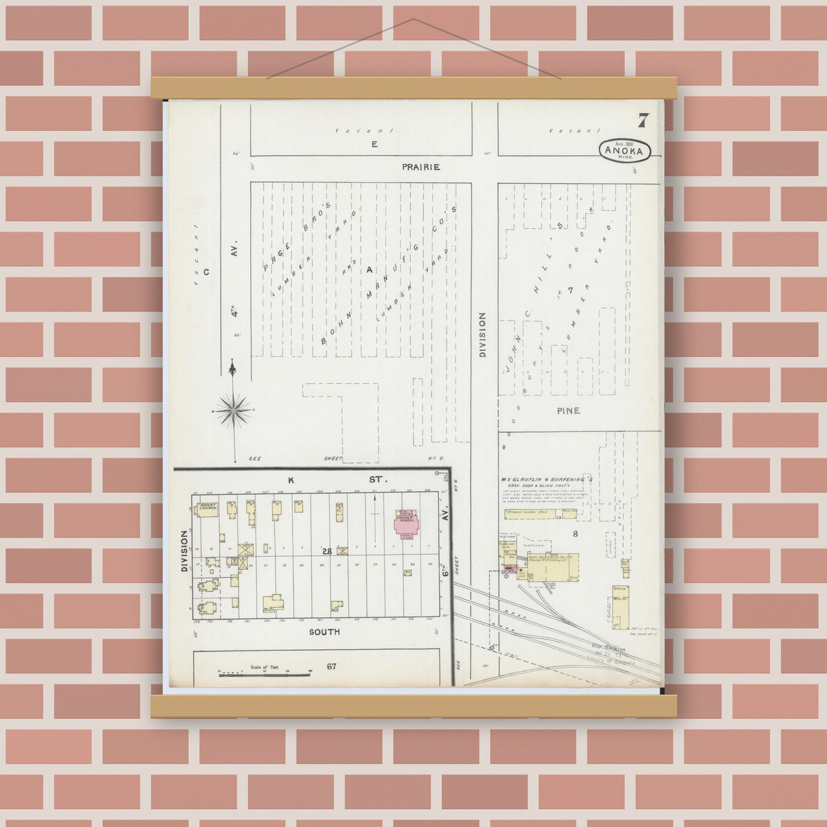 Old map wall art mockup — magnetic wood frame on brick wall — Sanborn Fire Insurance Map from Anoka, Anoka County, Minnesota (1891), Sheet #0007