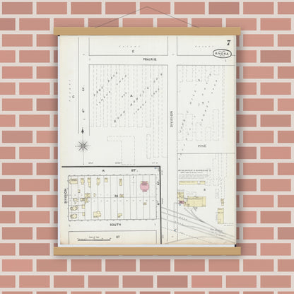 Old map wall art mockup — magnetic wood frame on brick wall — Sanborn Fire Insurance Map from Anoka, Anoka County, Minnesota (1891), Sheet #0007