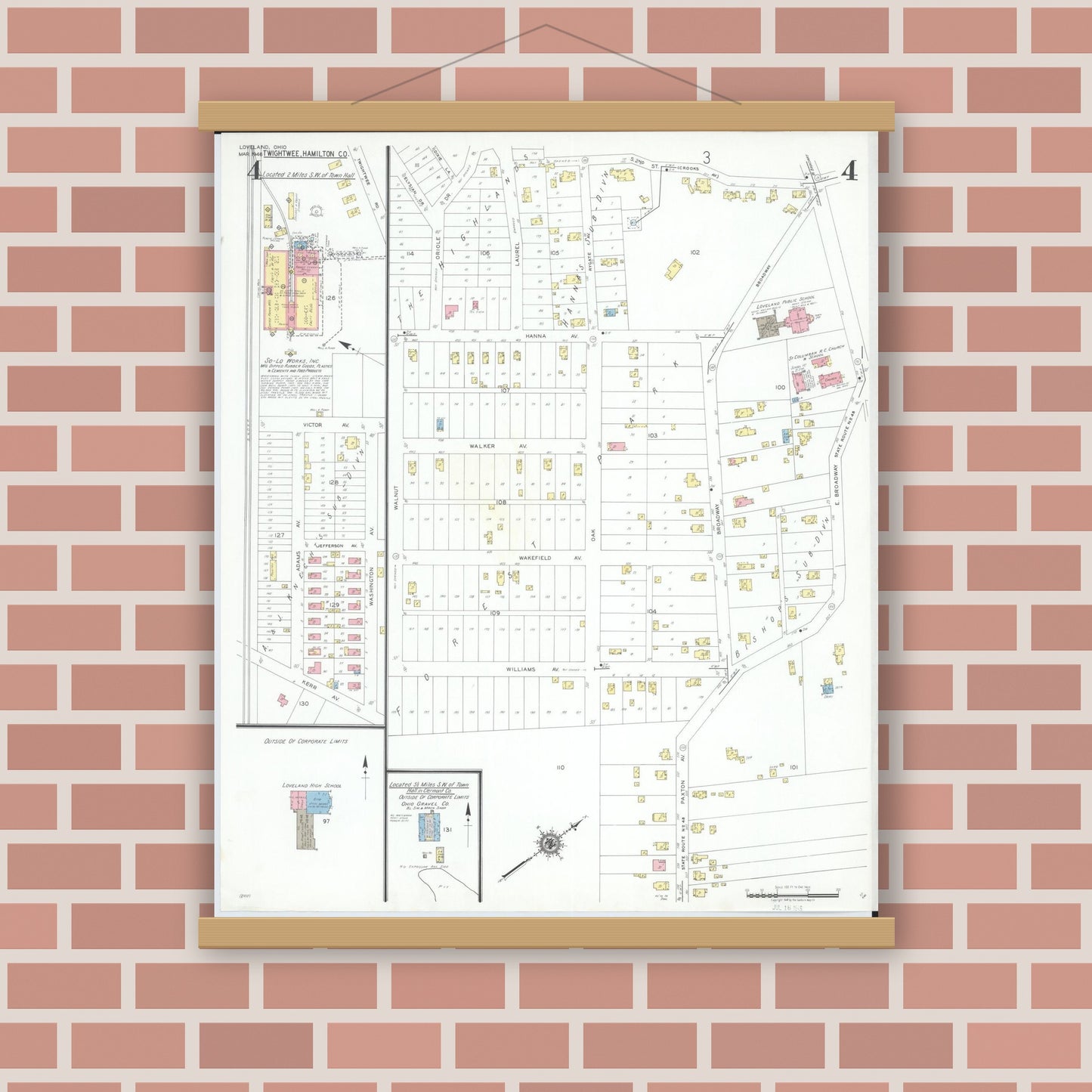 Old map wall art mockup — magnetic wood frame on brick wall — Sanborn Fire Insurance Map from Loveland, Clermont, Hamilton, And Warren County, Ohio (1946), Sheet #0004