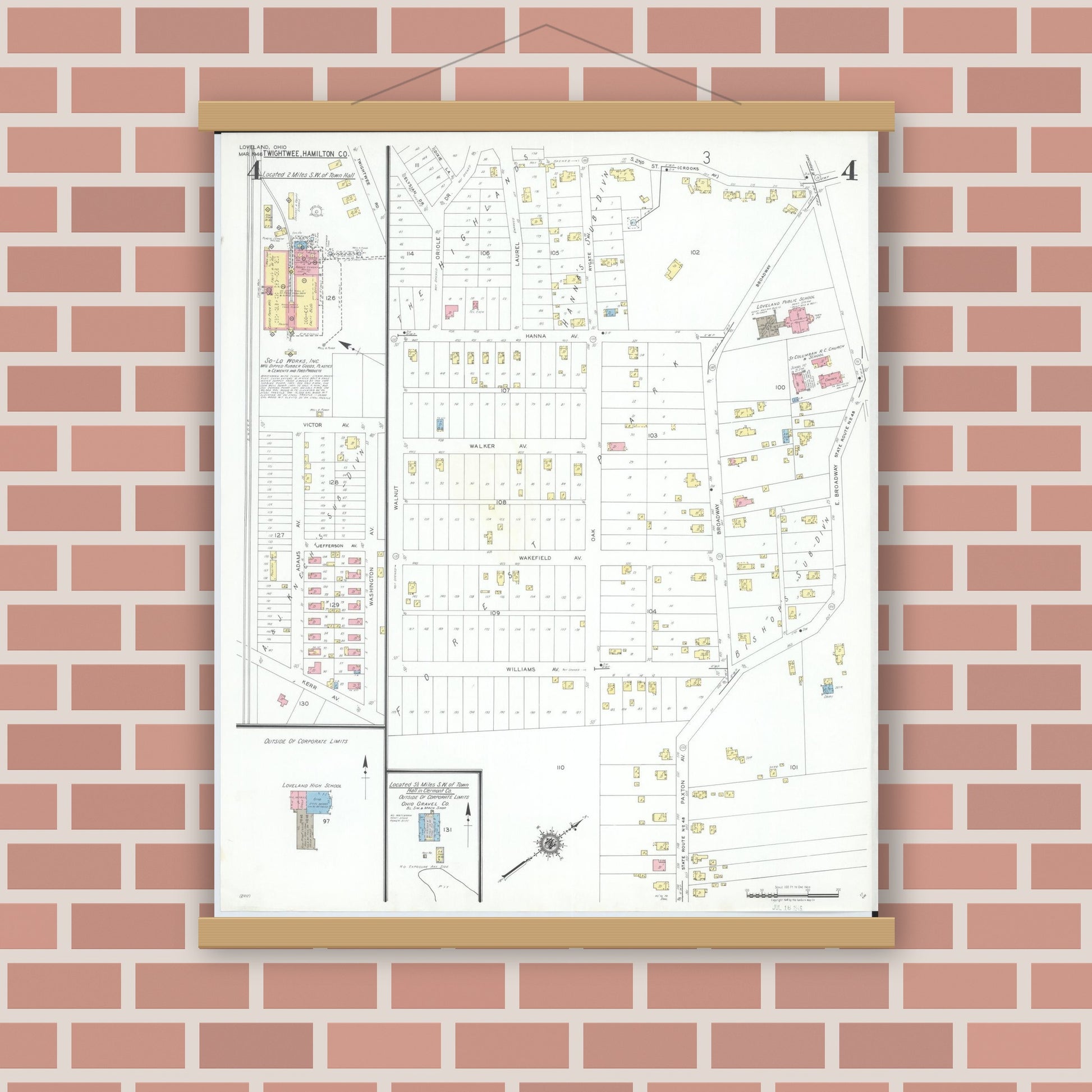 Old map wall art mockup — magnetic wood frame on brick wall — Sanborn Fire Insurance Map from Loveland, Clermont, Hamilton, And Warren County, Ohio (1946), Sheet #0004