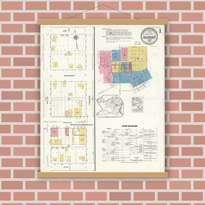 Old map wall art mockup — magnetic wood frame on brick wall — Sanborn Fire Insurance Map from Granger, Williamson County, Texas (1921), Sheet #0001