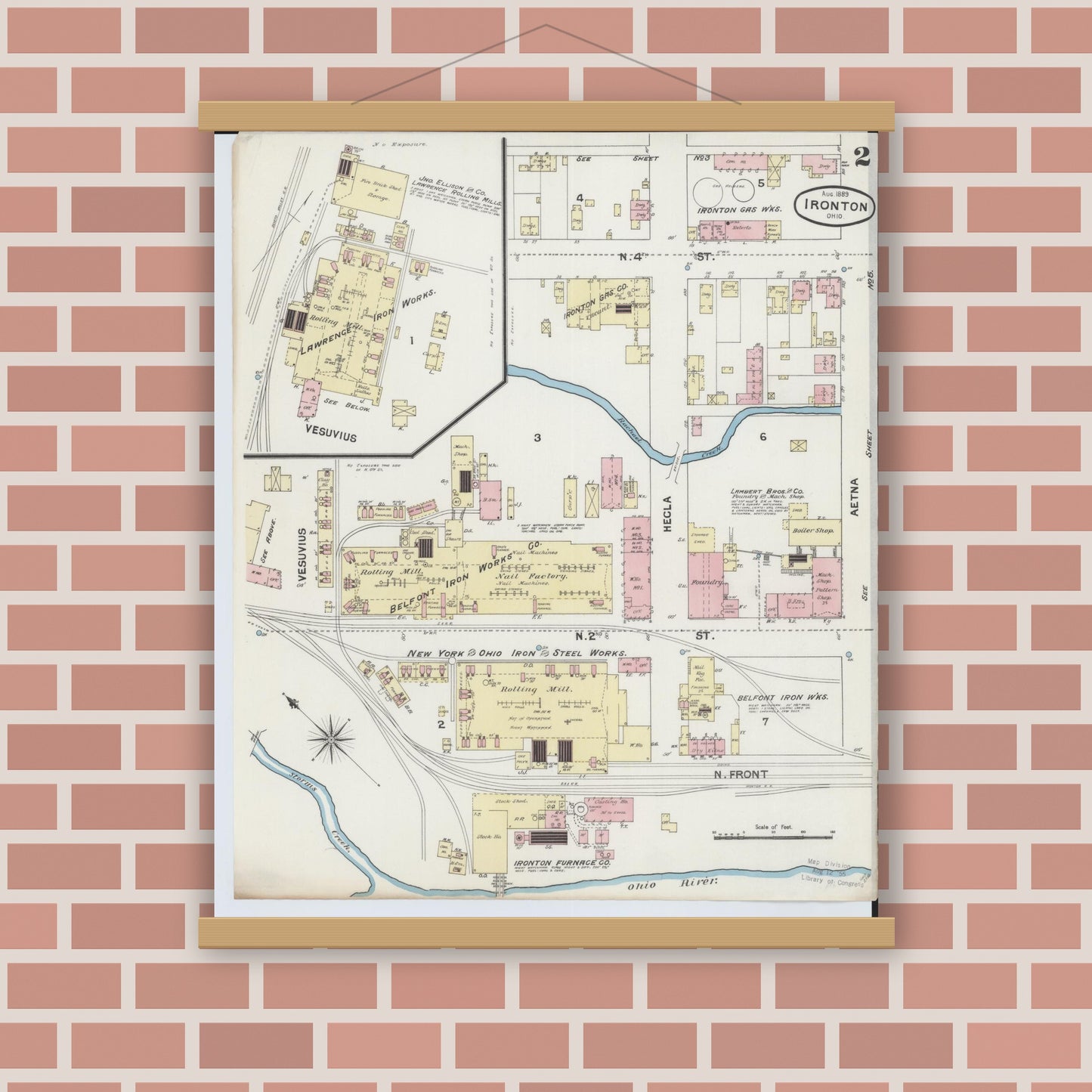 Old map wall art mockup — magnetic wood frame on brick wall — Sanborn Fire Insurance Map from Ironton, Lawrence County, Ohio (1889), Sheet #0002