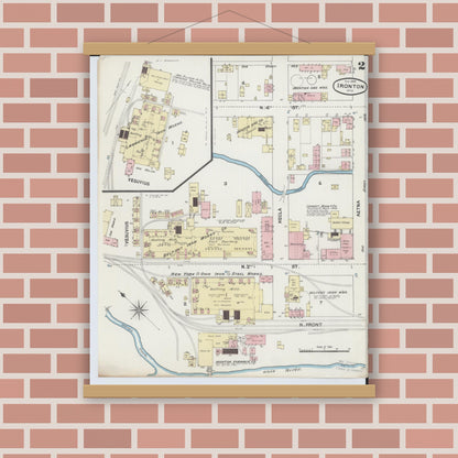 Old map wall art mockup — magnetic wood frame on brick wall — Sanborn Fire Insurance Map from Ironton, Lawrence County, Ohio (1889), Sheet #0002