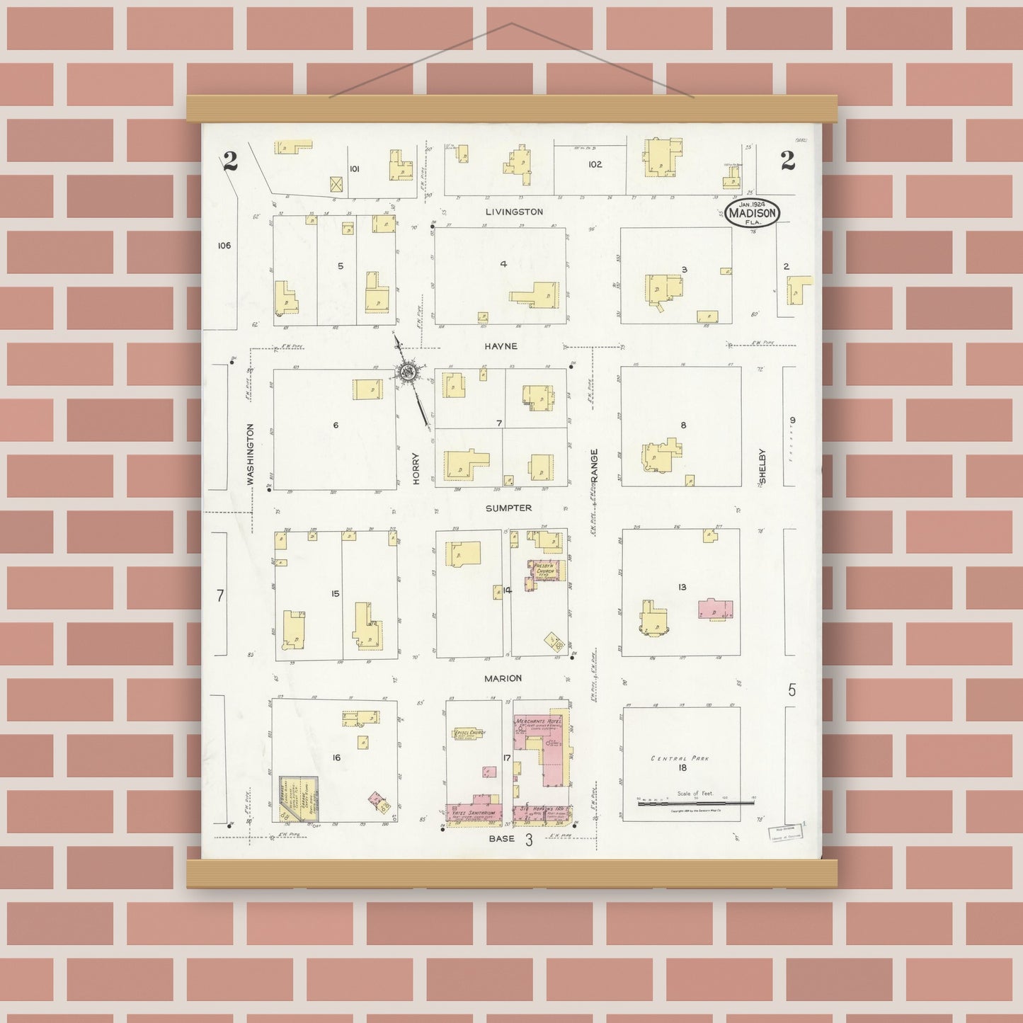 Old map wall art mockup — magnetic wood frame on brick wall — Sanborn Fire Insurance Map from Madison, Madison County, Florida (1924), Sheet #0002