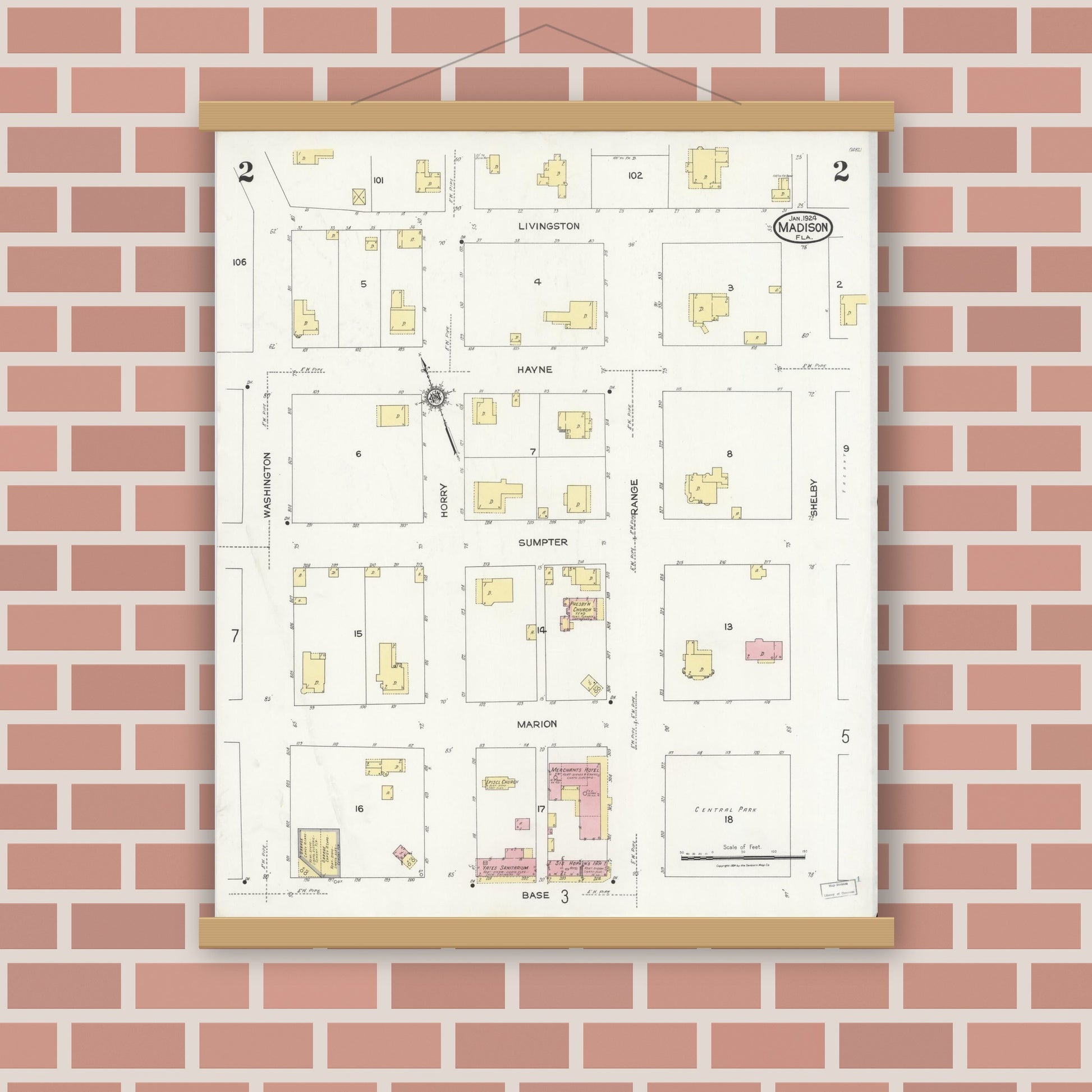 Old map wall art mockup — magnetic wood frame on brick wall — Sanborn Fire Insurance Map from Madison, Madison County, Florida (1924), Sheet #0002