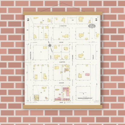 Old map wall art mockup — magnetic wood frame on brick wall — Sanborn Fire Insurance Map from Madison, Madison County, Florida (1924), Sheet #0002