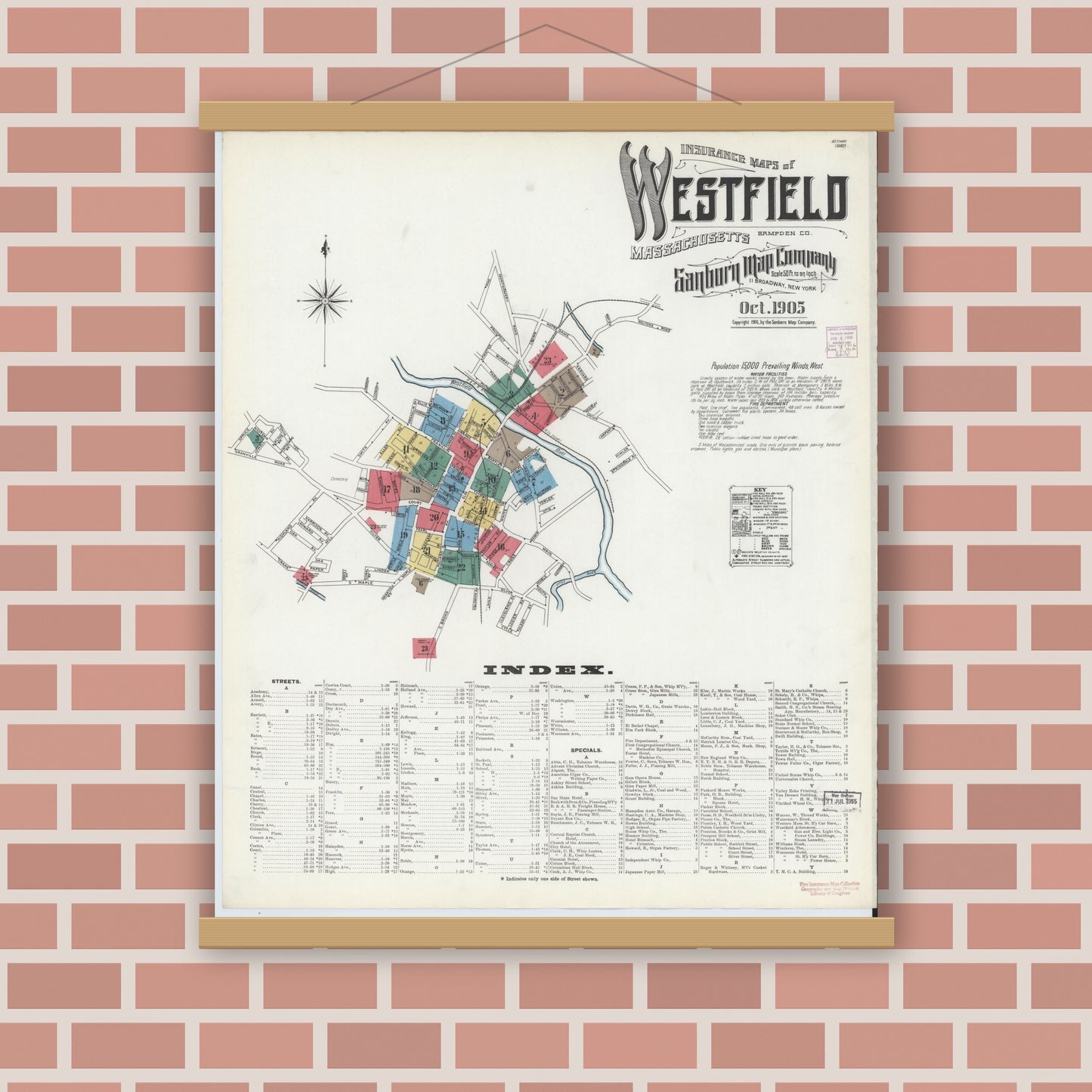 Old map wall art mockup — magnetic wood frame on brick wall — Sanborn Fire Insurance Map from Westfield, Hampden County, Massachusetts (1905), Sheet #0001