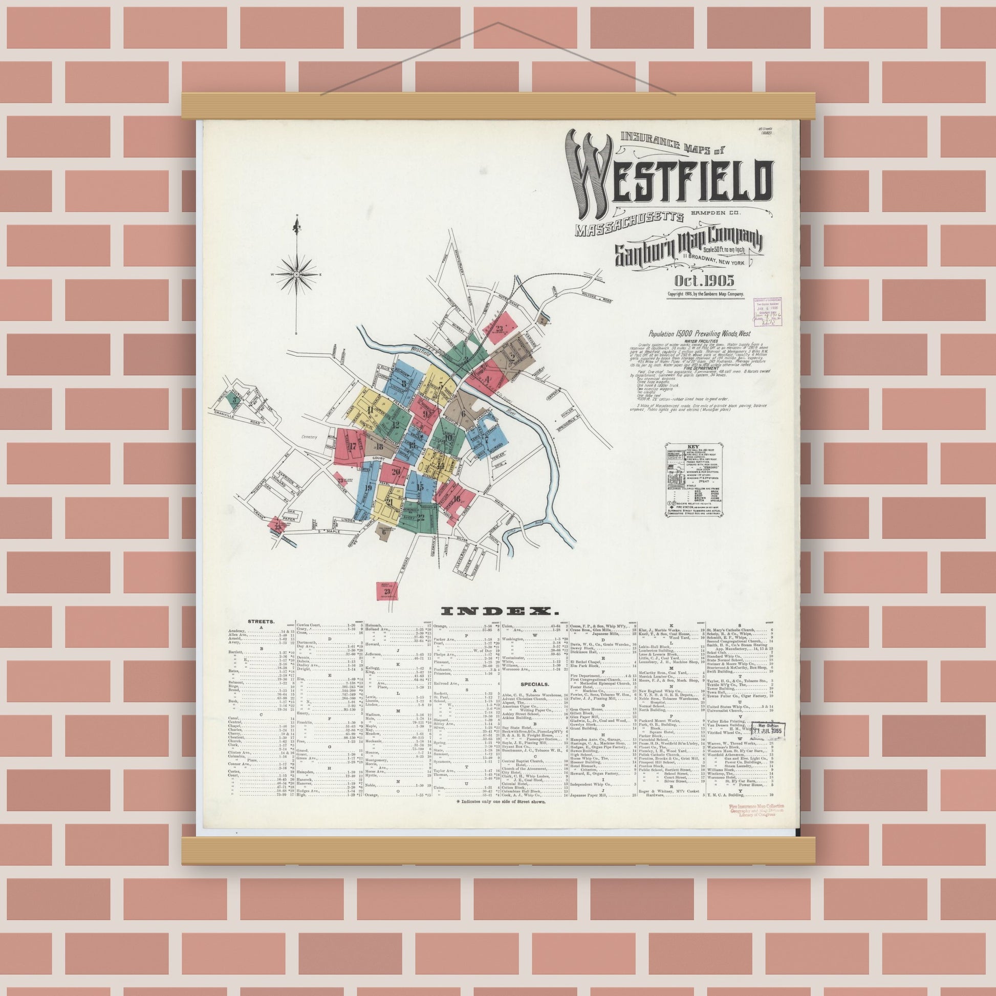 Old map wall art mockup — magnetic wood frame on brick wall — Sanborn Fire Insurance Map from Westfield, Hampden County, Massachusetts (1905), Sheet #0001